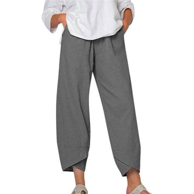 Coloody Women's Plus Size Boho Baggy Cropped Harem Pants with Pockets, Linen