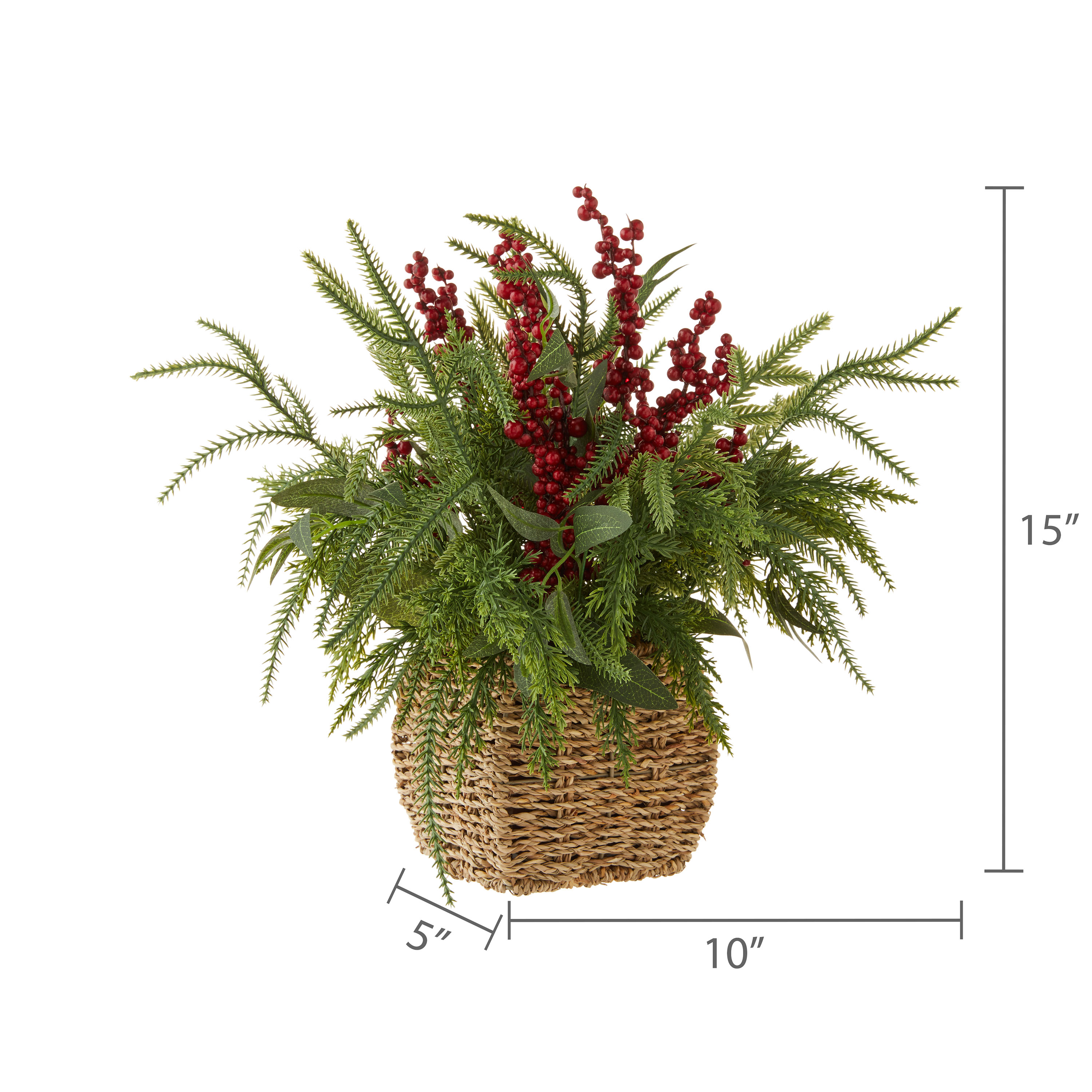 Winter Floral Basket with Berries Christmas Tabletop Decoration, Green and Red, 15", by Holiday Time