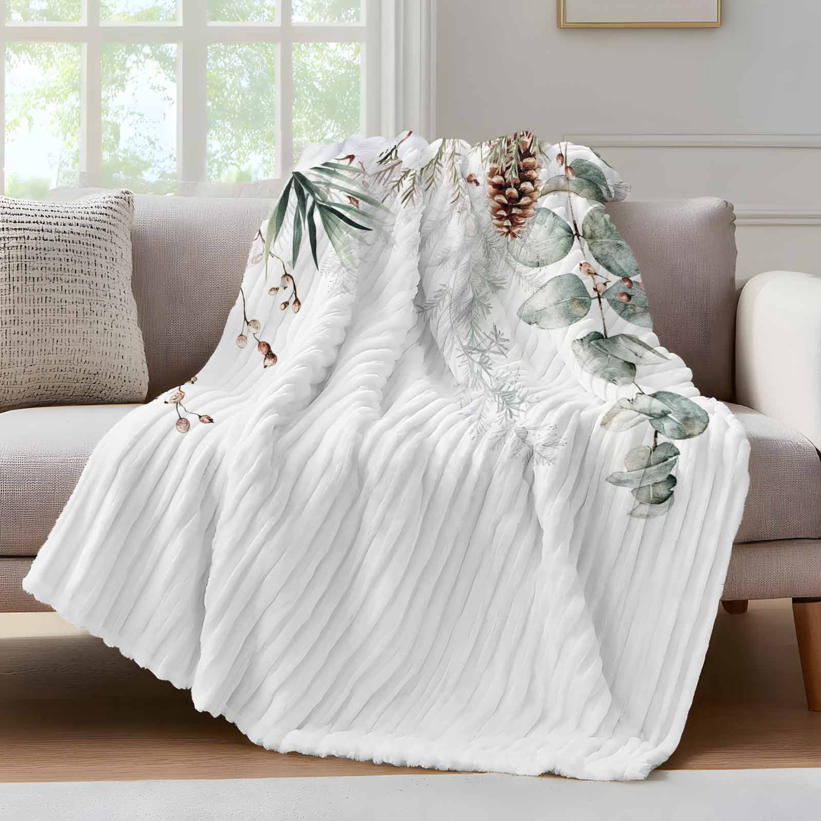 Christmas Botanical Throw Blanket, Flannel Fleece Blanket with Striped Design for Couch, Eucalyptus Leaves Xmas Pinecone Cotton Soft Breathable All Season Plush Blankets for Sofa Office Chair 30"x40"