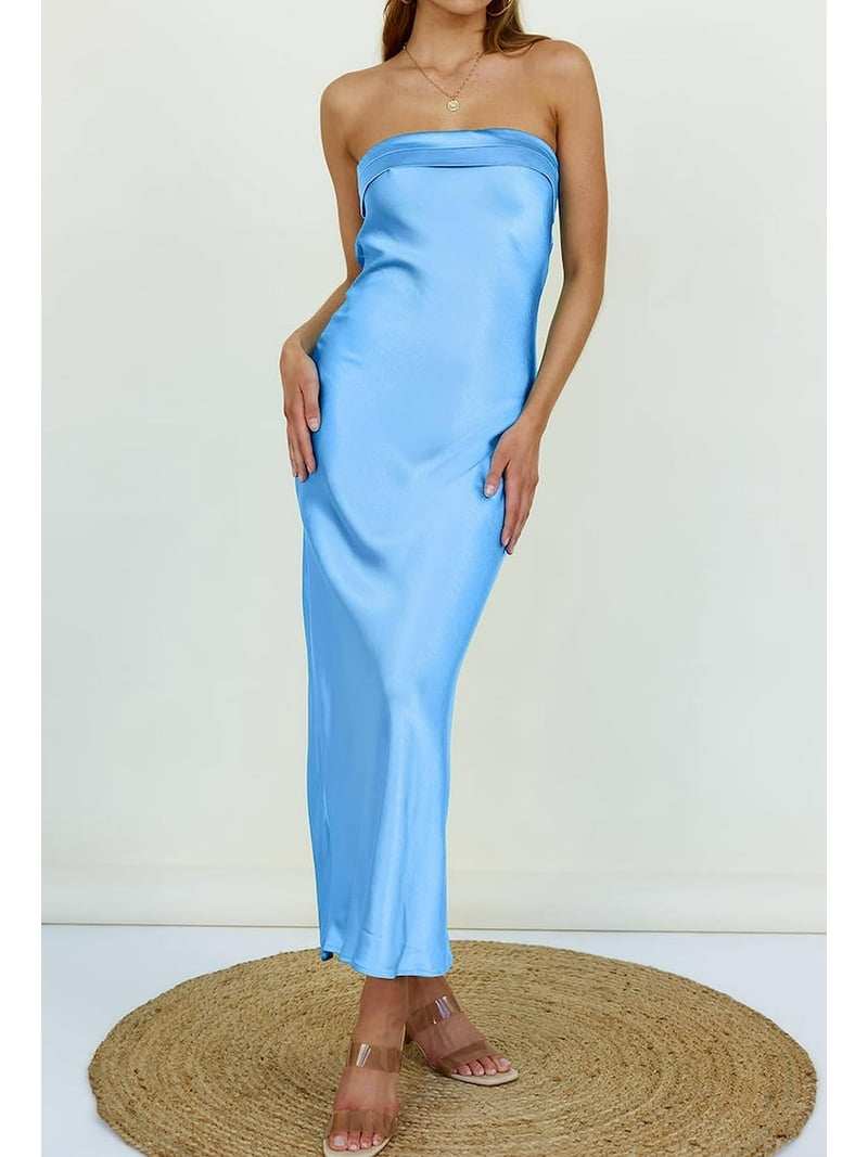 strapless satin wedding guest dress Strapless Clover Long Wedding Guest Dress with Split