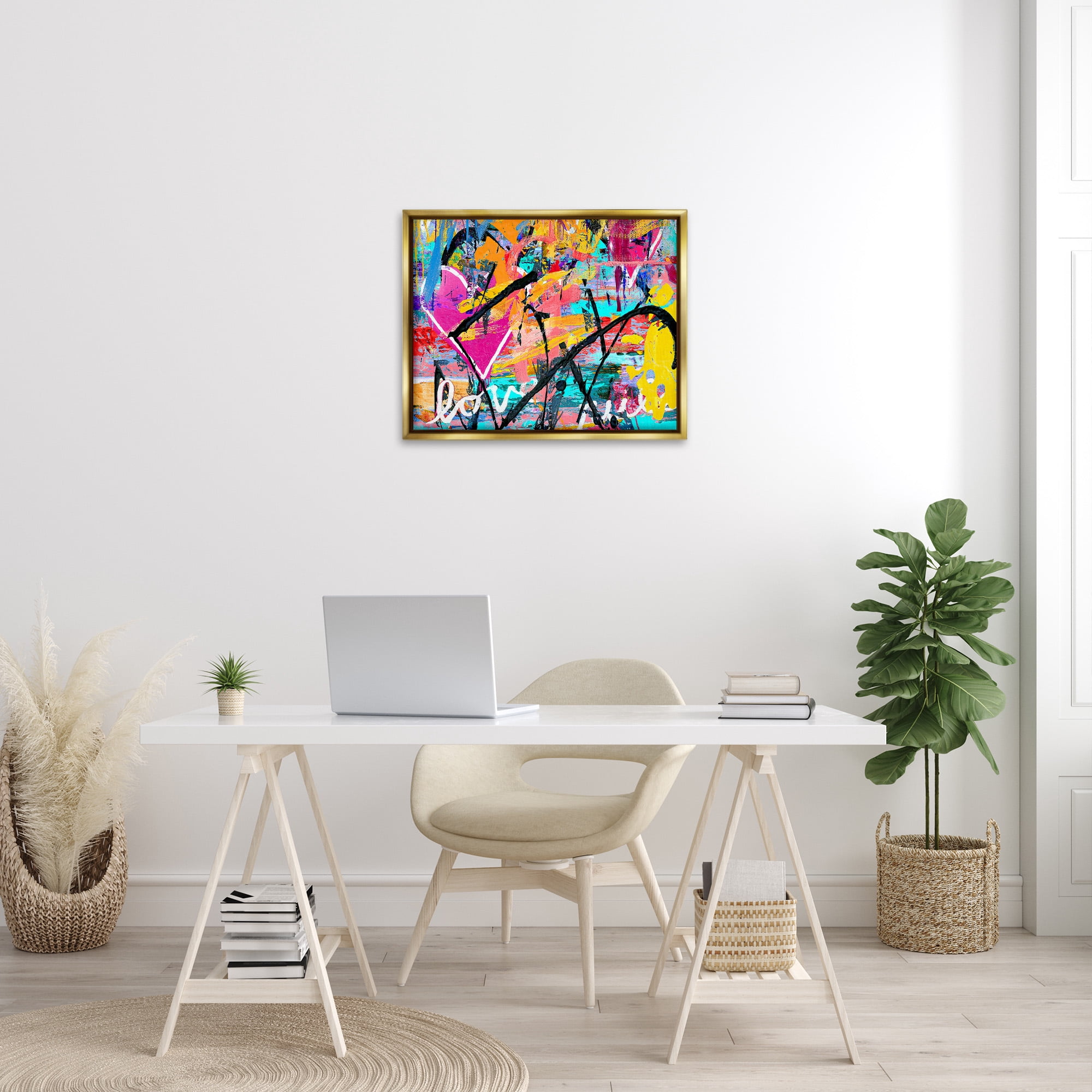 Stupell Industries Vivid Love Graffiti Collage Abstract Painting Gold Floater Framed Canvas Art Print Wall Art, 31 x 25