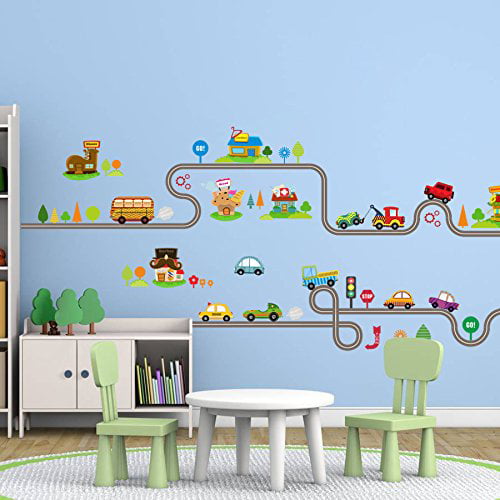 ZY082+083 A+B Amaonm Removable Cute Cartoon Kids Room Wall Decal DIY Vinyl City Car Circled Curved Road Wall Stickers Decor for Children Babys Bedroom Studyroom Playroom Nursery Room School