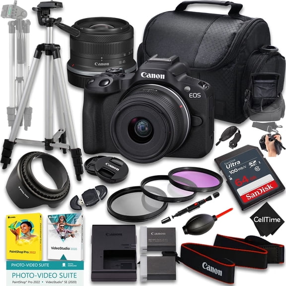 Canon EOS R50 Mirrorless Camera with RF-S 18-45mm f/4.5-6.3 IS STM Lens   64GB Memory   Extra Battery   Camera Case   Tripod   More (19pc Bundle) (International Version)