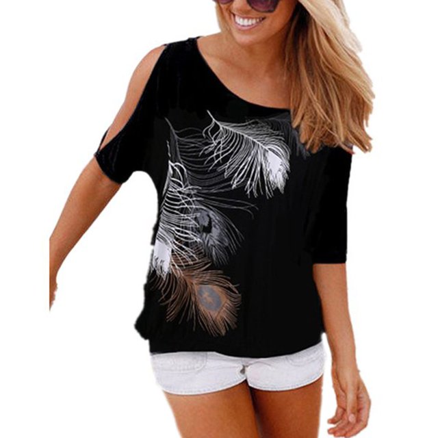 T-shirts Épaule Froide Femmes T-shirts Imprimés en Coton T-Shirt Col Rond Femme Hauts