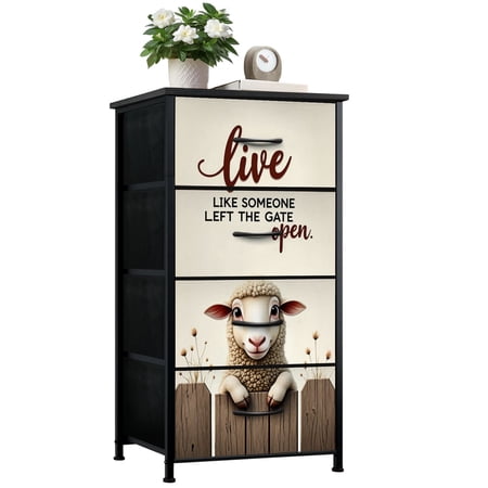 Animal Dresser for Bedroom with 4 Storage Drawers Farm Cottagecore Animal Rustic Country Sheep Wooden Fence Dressers Chest of Drawers Steel Framed Fabric Closet Organizers for Nursery Entryway