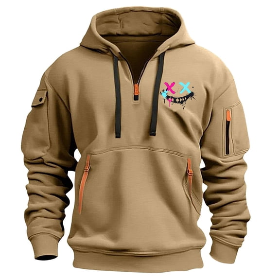 LOVZFMLL Sweatshirt for Men, Printed Outdoor Workout Athletic Hoodies Half-Zip Pullover Tops Fall Clothes with Multi-Pocket