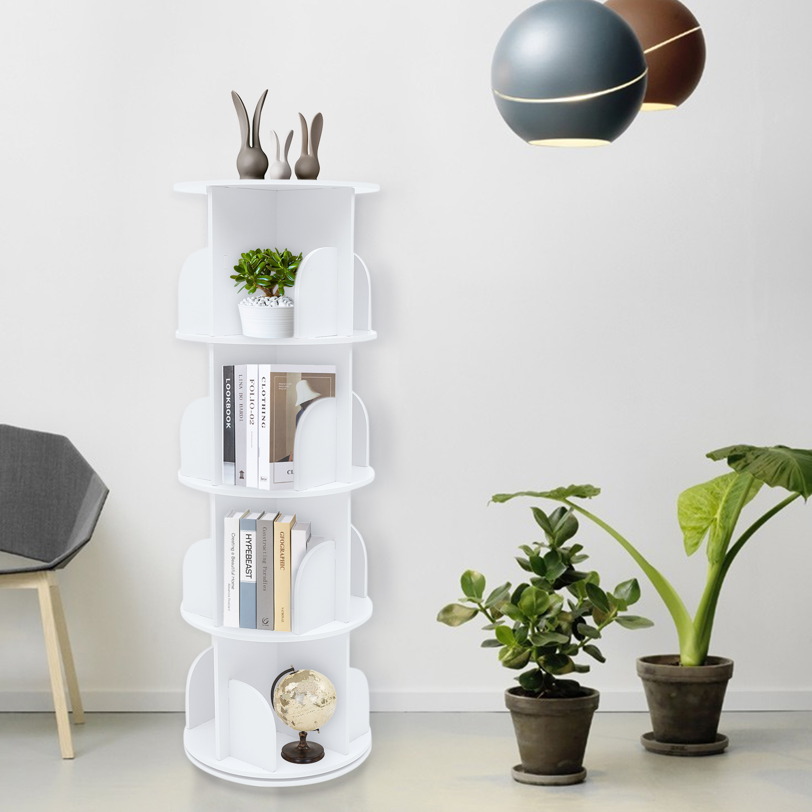 White Round Revolving Bookshelf, 2/4 Tier 360° Rotating Wood Floor ...