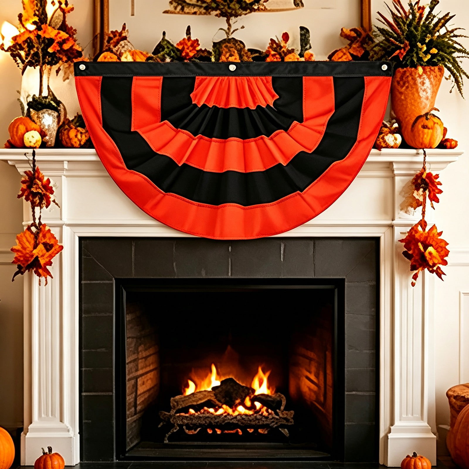 1Pack Halloween Flag Bunting Black Orange Pleated Half Fan Banner with 3 Grommets for Indoor Outdoor Porch Fence Balcony Yard and Party Decor