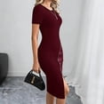 thumbnail image 5 of XUNKUSGA Cocktail Dresses for Women Fashion Patchwork PU Leather Zipper Split Hem Bodycon Dresses Summer Classic Crewneck Short Sleeve Prom Dress,Red,S, 5 of 7