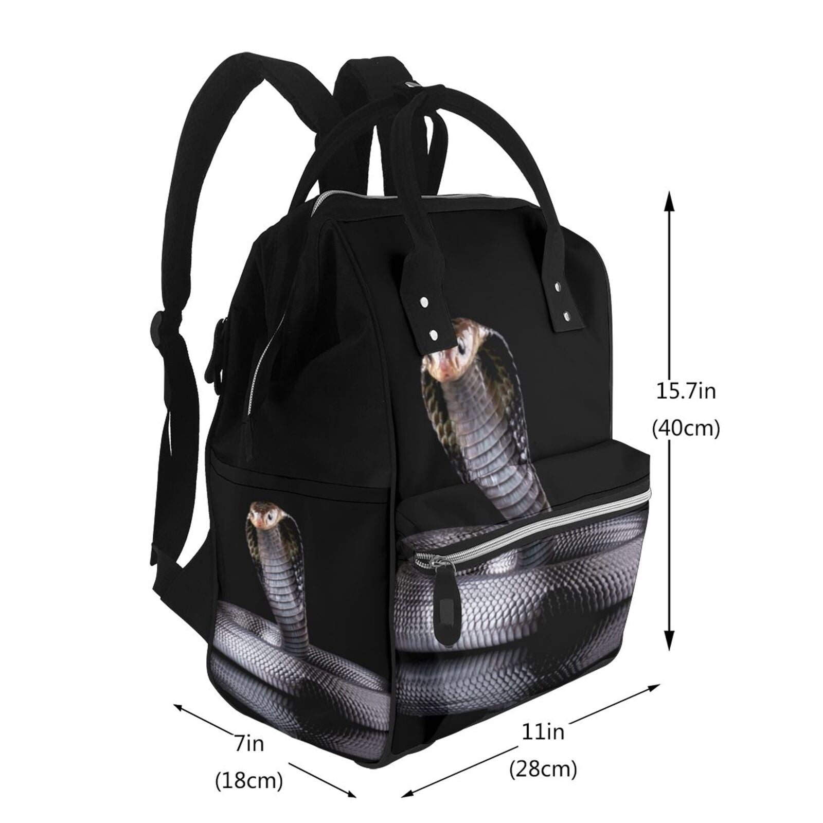 Ratiio Black Cobra Snake Mummy Backpack - Waterproof Twill Canvas, Large Capacity Diaper Bag with Multiple Pockets and Adjustable Straps