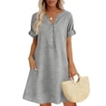 thumbnail image 2 of Yyuenw Summer Cotton Linen Dress Women V neck Short Sleeve Button Placket Loose Casual Vacation Dresses, 2 of 6