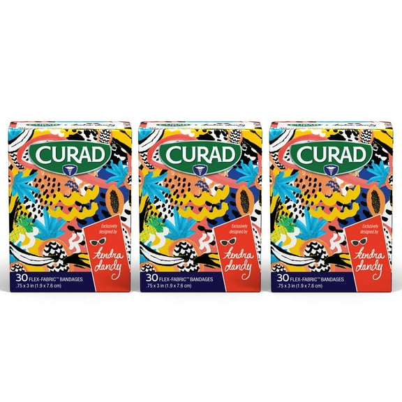 Curad Kendra Dandy Designer Bandages, 2 Colorful Patterns, Bananas and Dragonfruit, Flex-Fabric, .75" x 3", 30 Count (3 Pack)