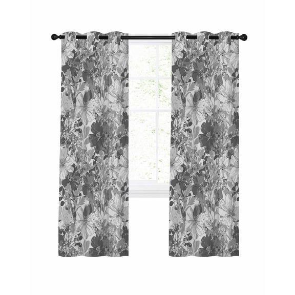 Black White Floral Blackout Curtains for Bedroom Living Room, Watercolor Spring Black White WildFlower Leaf Plant 63 In Long Thermal Insulated Room Darkening Drapes Grommet Window Treatments 42x63 In