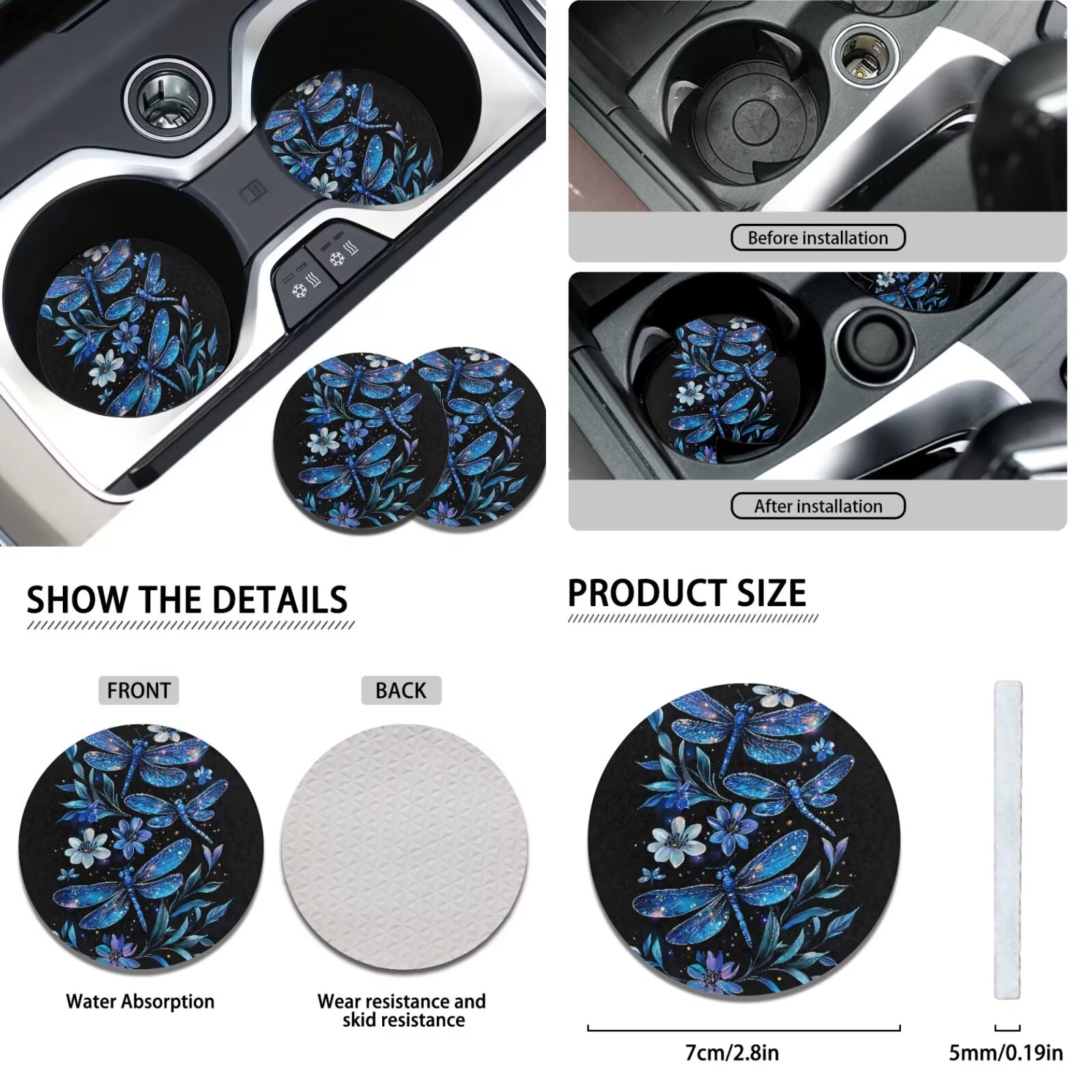 Garronmavis Blue Dragonfly Print 11 Pack Car Seat Covers Full Set Easy to Install and Clean with Cars Headrest Protectors+Wristlet Keychain+Auto Cup Coaster+Handbrake Gear+Shift Knob Cover