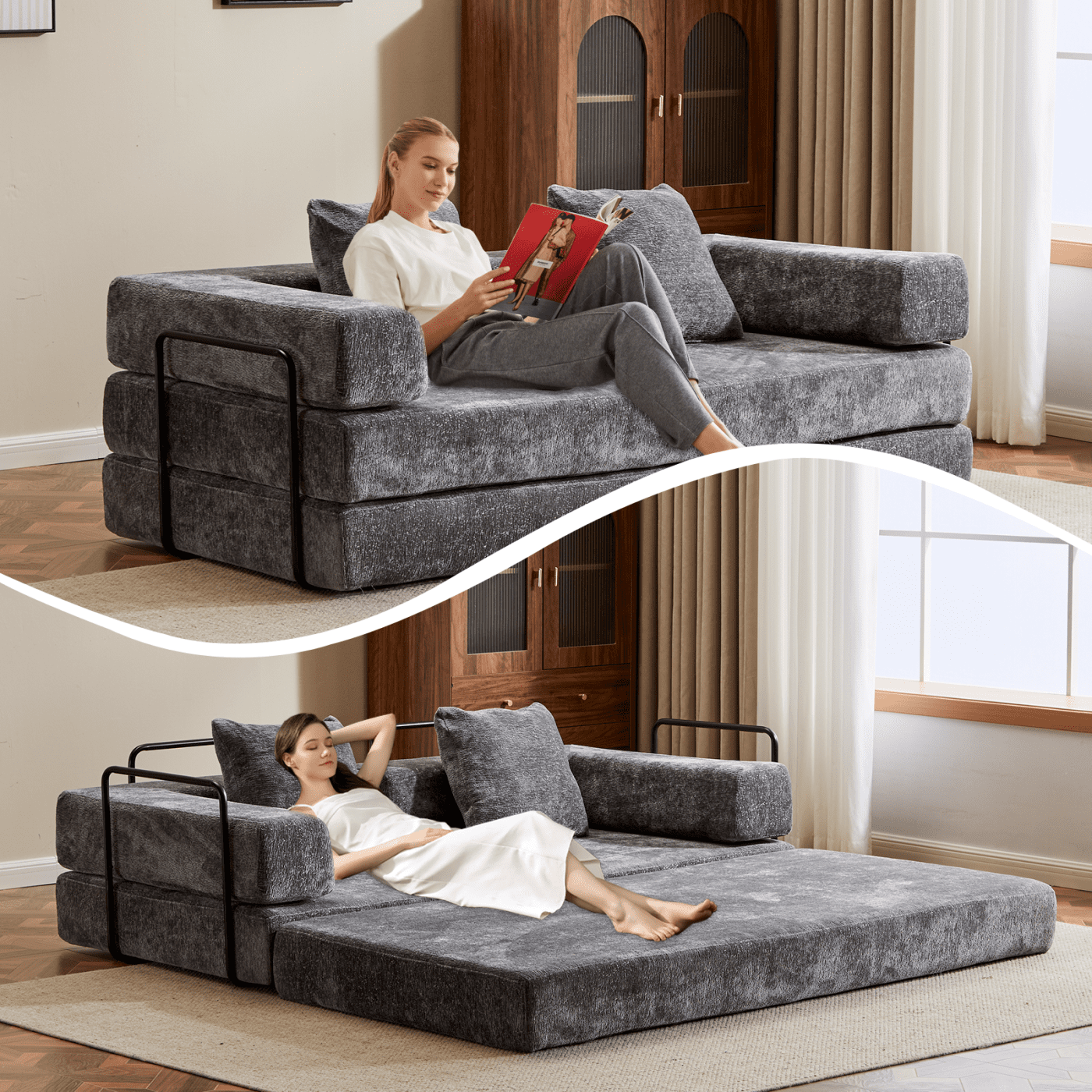 Jopath 76 Inch Convertible Sleeper Sofa Bed,Folding Floor Mattress Couch with Fixed-Shape Frame,Futon Boneless Couch Lounge Loveseat with Pull Out Bed, No Assembly Required,Dark Gray+Chenille