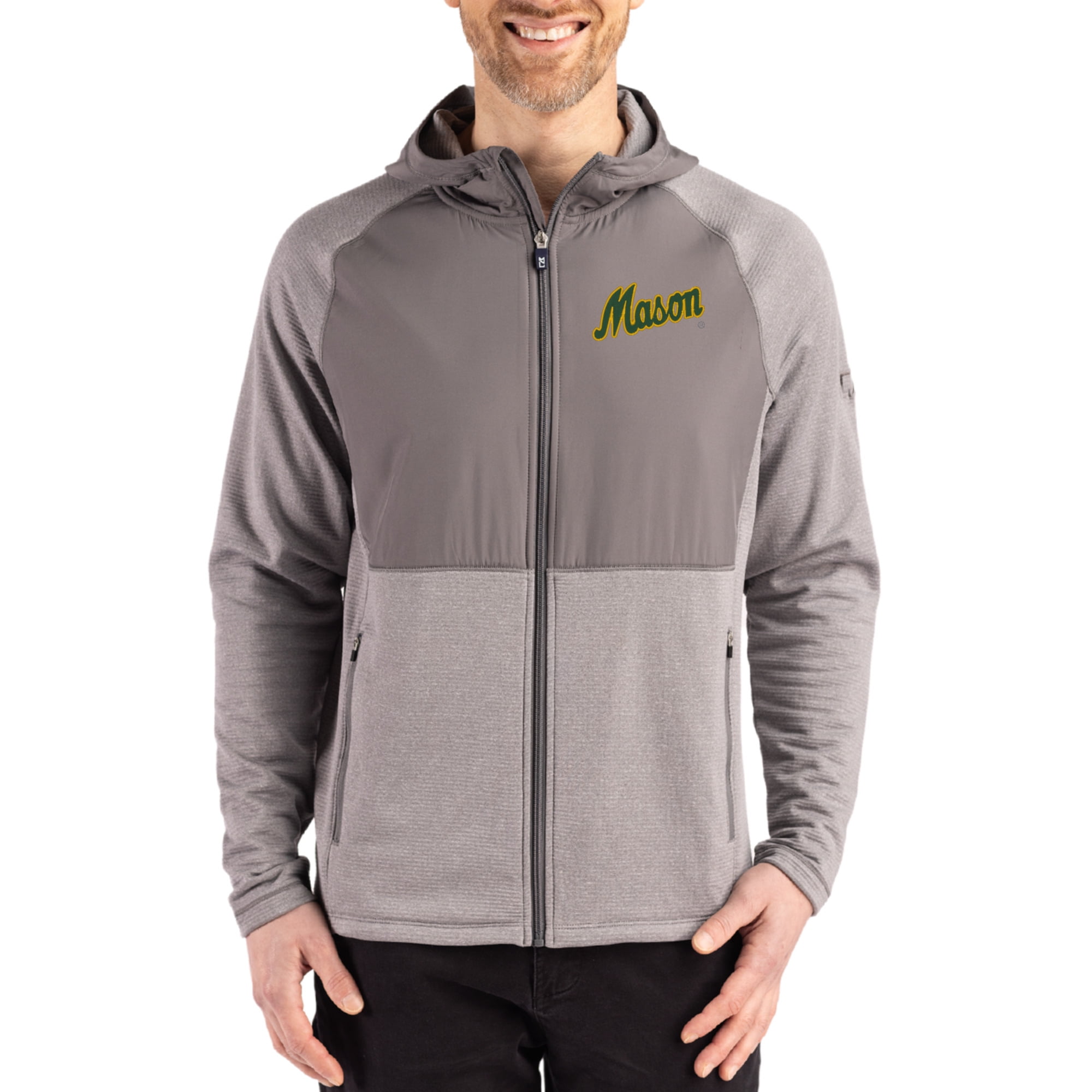 Men's Cutter & Buck Heather Gray George Mason Patriots Peshastin Eco Fleece Recycled Raglan Full-Zip Tri-Blend Hybrid