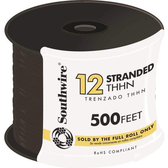 SOUTHWIRE COMPANY LL 22964158 Building Wire Stranded Copper 12 Ga, 1 Conductor 20 Amp 600 V 90 Deg C, 500 ', Black