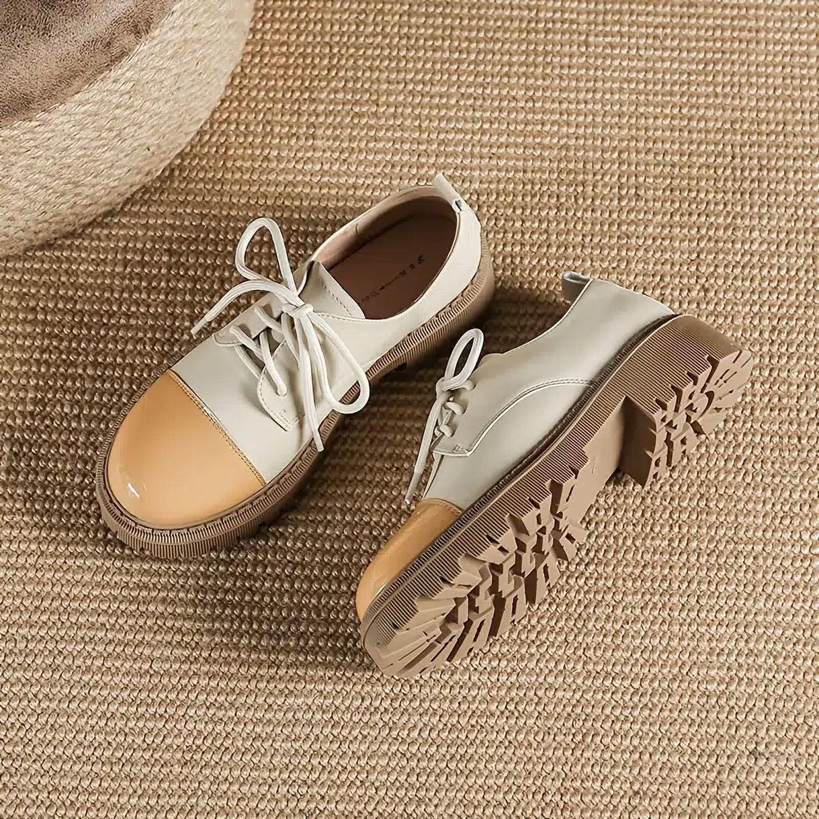 【COLOR iN ID】round suede platform shoes Women's Two Tone Color Oxford Shoes, Round Toe Platform Lace