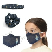 MASQ by Q-One Cactus Embroidered, Scrunchie, Hair Band & 4 Layer Cotton Cloth Face Mask Combo for Girls with Lanyard (Small,Denim Blue,Pack of 3)