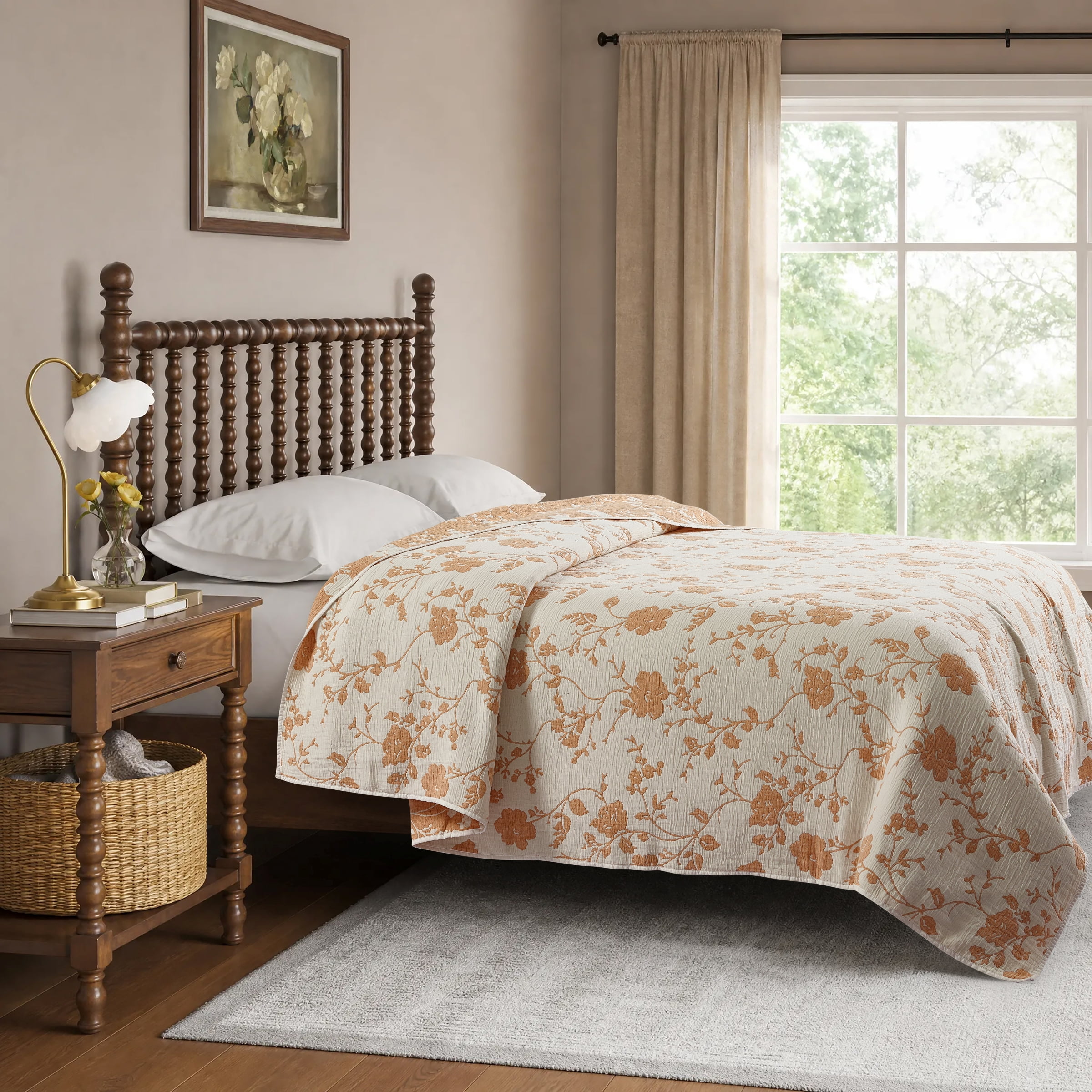 The Pioneer Woman Agatha Floral Gauze Quilt, King, Amber Yellow, Reversible Bedding