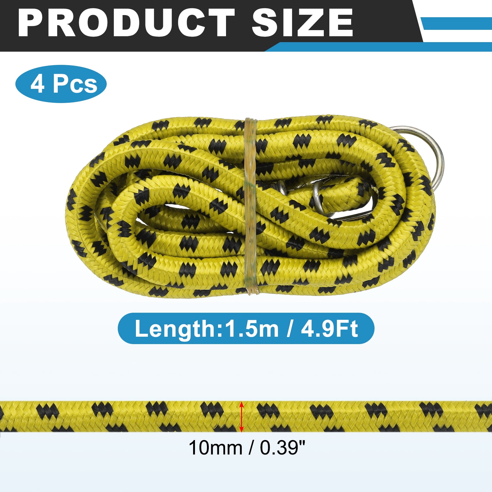 Uxcell 3/8" x 4.9ft Marine Grade Bungee Cord with Hooks, 4Pcs Rubber Heavy Duty Outdoor Elastic Straps Kayak Stretch String Rope for Securing Luggage Moving Cargo, Yellow