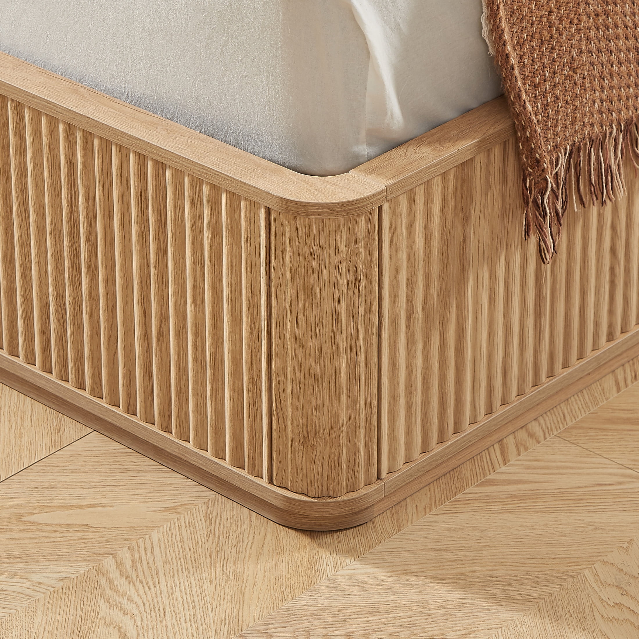 Noble House Queen Platform Bed Frame with 44.49" Flat Fluted Headboard, Wood Slat Support, Oak