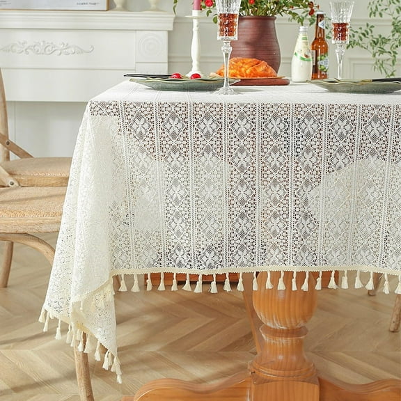 Boho Tablecloth Crochet Tablecloths Stripe Tablecloth with Tassels Lace Beige Rectangle Table Cloth for Wedding Kitchen Dinning Tabletop Decoration