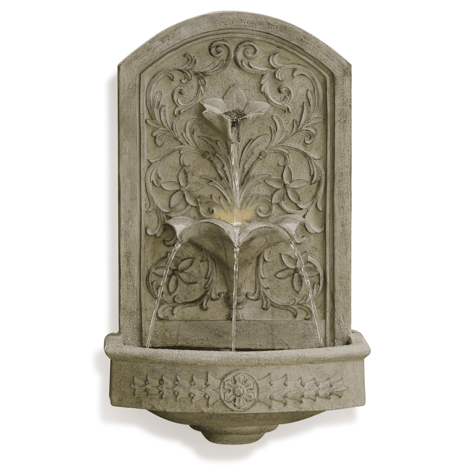 Vintage Wall-Mounted Outdoor Fountain, 28.3" H Resin Garden Water Feature with Floral Carving, Decorative Antique Wall Waterfall for Patio, Yard, Porch & Home Décor