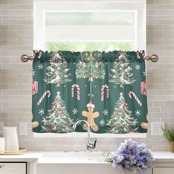 Yayeee Kitchen Curtains Tier Pair Light Filtering 27"x36" Rod Pocket Short Cafe Window Panel, Red Christmas Gingerbread
