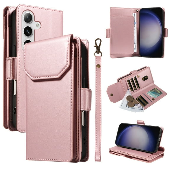 For Samsung Galaxy A35 Wallet Case, [RFID Blocking 11 Card Slots & 2 Cash Pockets] [Kickstand] [Wrist Strap] [Magnetic Closure] Soft PU Leather Shockproof Protective Flip Case,Rosegold