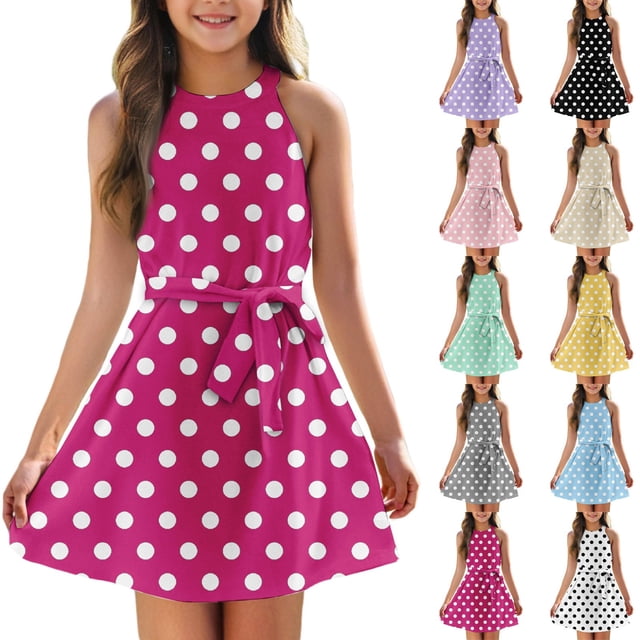 Girls' Summer Dress Kids 2025 Sleeveless Polka Dot Dress with Belt Cute Summer Casual Sundress for Kids Lightweight and Comfortable ,Sie:120