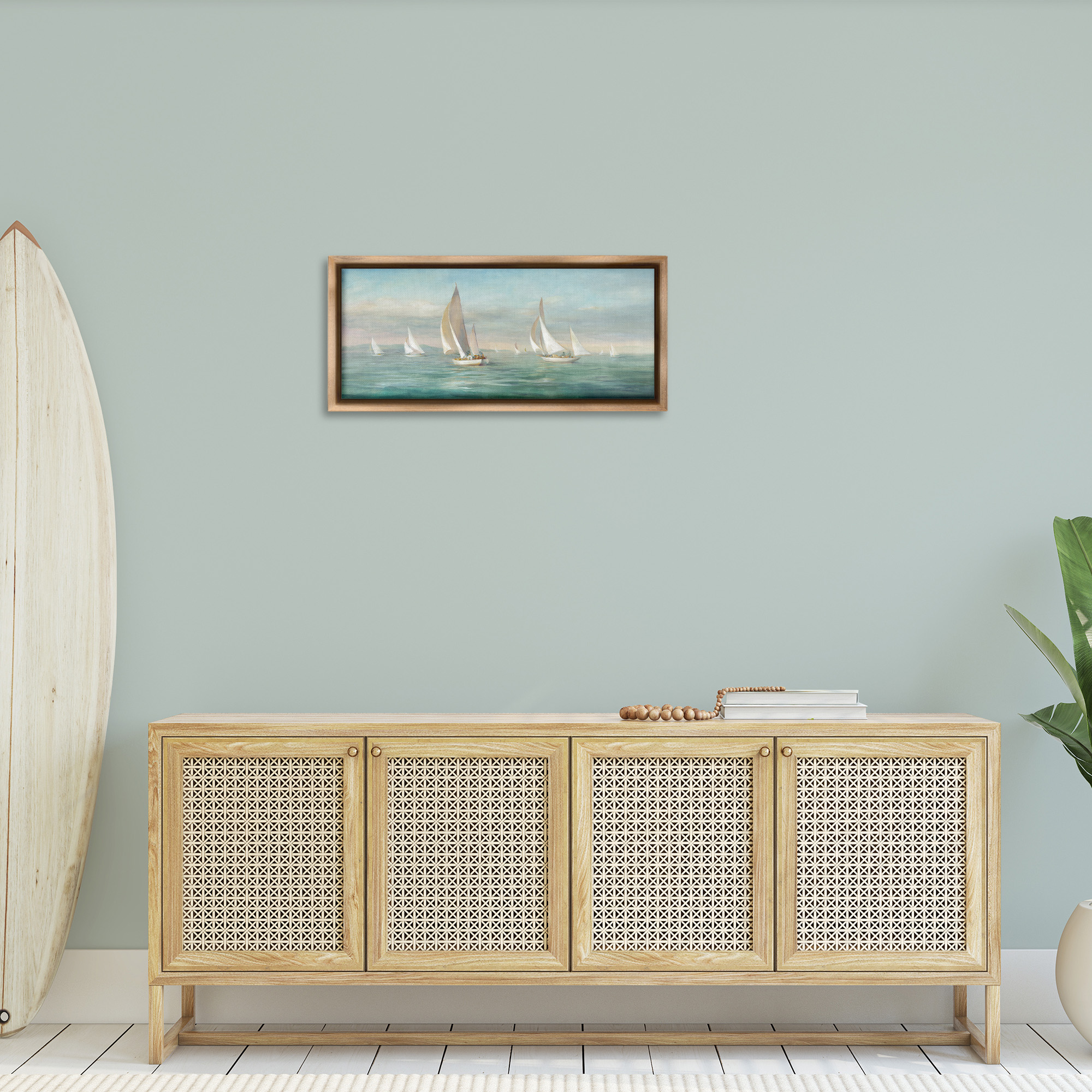 Stupell Industries Sailboat Fleet Ocean Waves Transportation Painting Brown Floater Framed Canvas Art Print Wall Art, 31 x 14