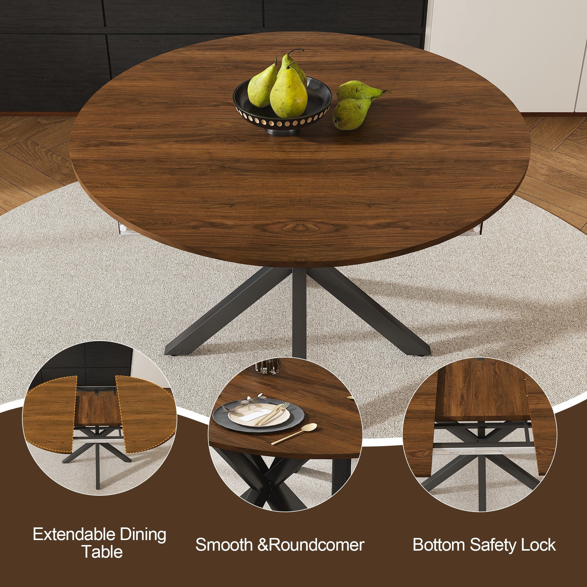 AENKYO 42"-58" Expandable Round Dining Table, Walnut Brown Wood Top & Black X-Base Pedestal, Seats 4-6