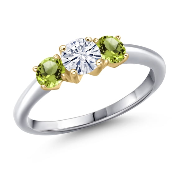 Gem Stone King 10K Two Tone Gold White Moissanite and Green Peridot Engagement Ring for Women | 1.10 Cttw | Round 5MM | Gemstone Birthstone | Size 5