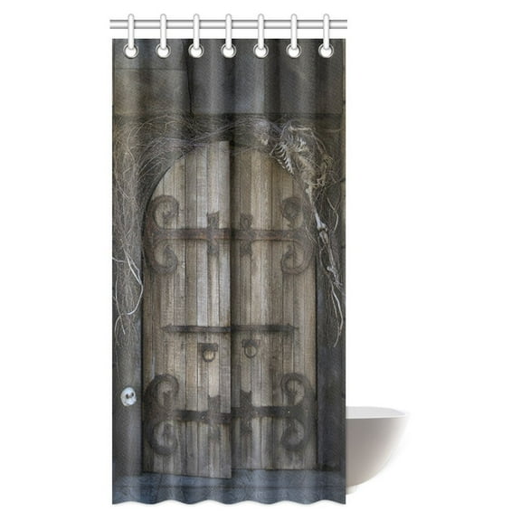 MYPOP Gothic Door House Decor Shower Curtain, Dark Mystic Ancient Gate Stone Wall With Pillars And Cross Dome Decorative Bathroom Shower Curtain 36 X 72 Inches