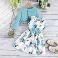 thumbnail image 2 of Girls 2 Piece Outfits Ruffle Long Sleeve Knit Shrug and All Over Floral Print Sleeveless Bow Swing Dress, Kids Spring Fall Casual Matching Layered Outfit(Mint Green,7-8 Years), 2 of 4