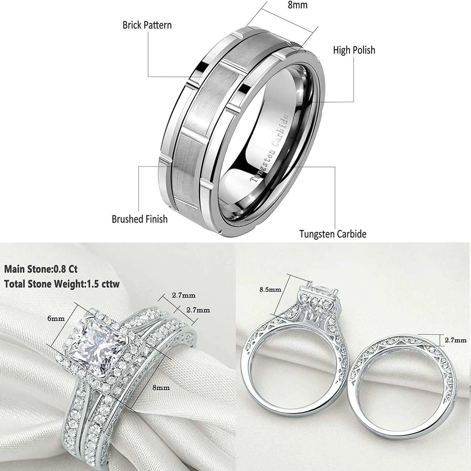 Newshe Wedding Rings Set for Him and Her Women Mens Tungsten Bands Sterling Silver Princess Cz 5-13 