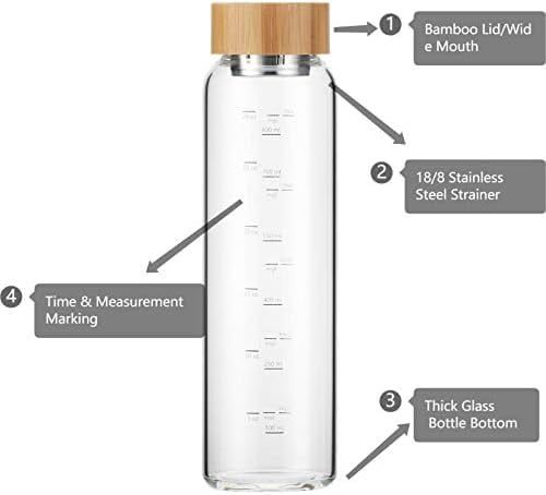 Jointown Glass Water Bottle 32 oz Wide Mouth with Sleeve Bamboo Lid Motivational Water Bottle With Time Marker Reusable Safe for Hot Cold Drinks Bpa Free (Navy Blue)