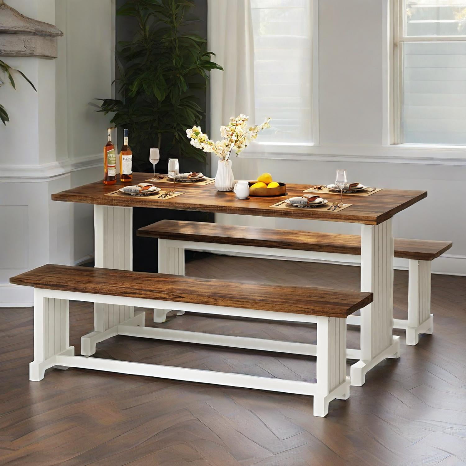 Dining Table and Chair Set, 3-Piece Farmhouse Kitchen Table with 2 Benches, 52.76 in Length, White Brown
