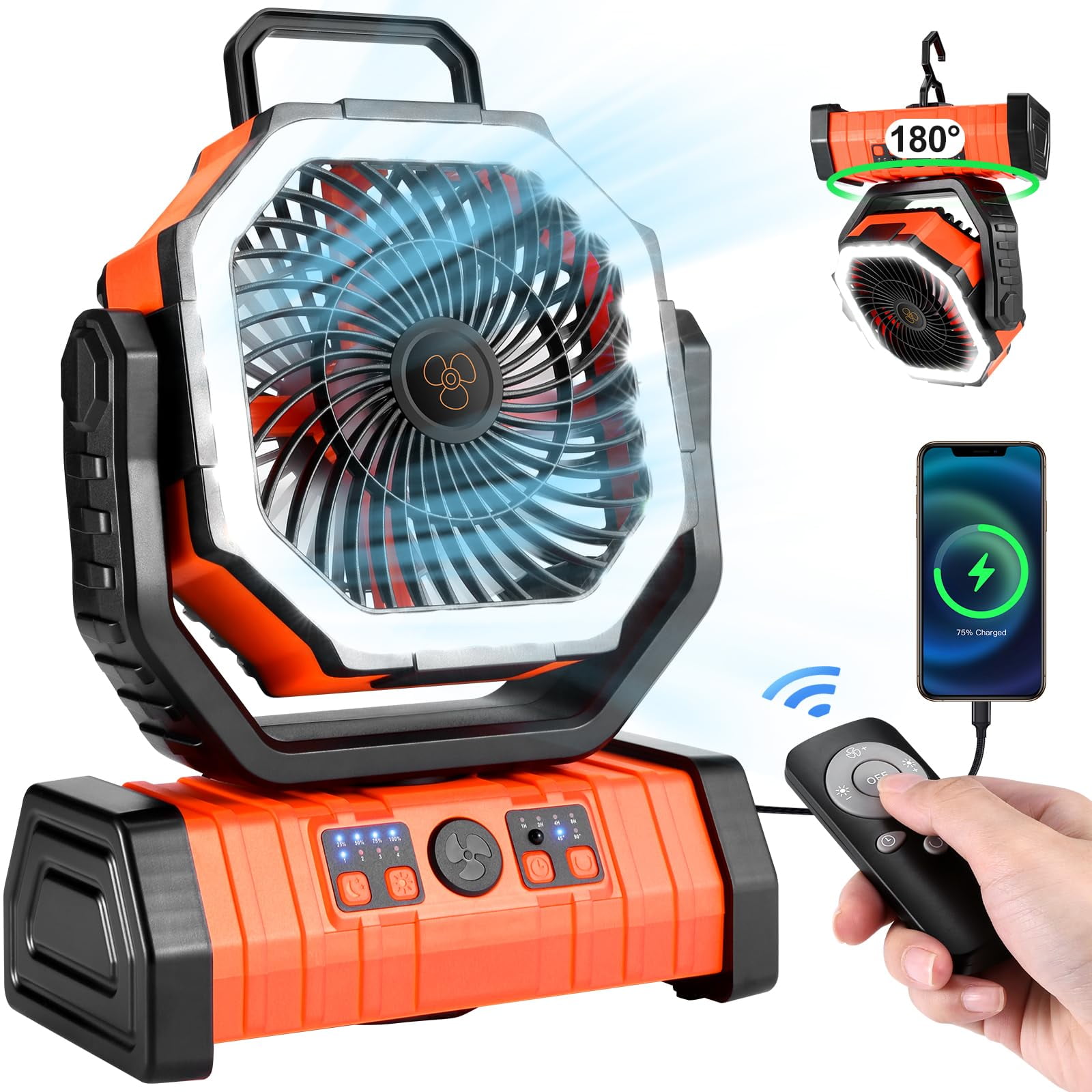 DREAMfair 20000mAh Camping Fan with LED Lantern, Rechargeable Battery Remote Hook, Portable Tent Fan with Timer, 4 Speeds for Outdoor