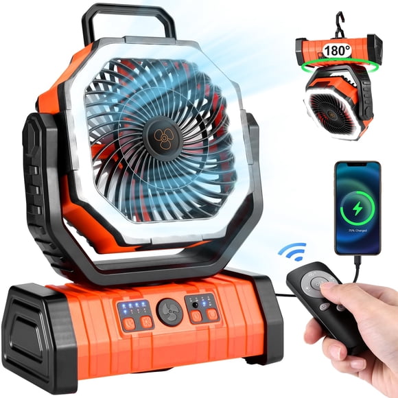 Ventilador de camping Odoland de 3000 mAh con linterna LED de 4 velocidades, color naranja