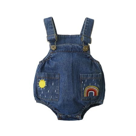 

Canis Newborn Baby Boys Girls Casual Suspender Jumpsuits Sun Rainbow Embroidered Print Denim Romper