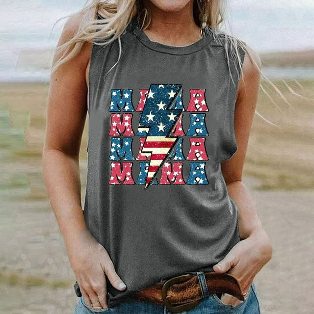 SMihono Hauts pour Femmes Débardeur Mode Imprimé Col Rond Confortable T-shirt Ample Fête des Mères Sans Manches Blouse Décontractée Hauts d'Été pour Femmes