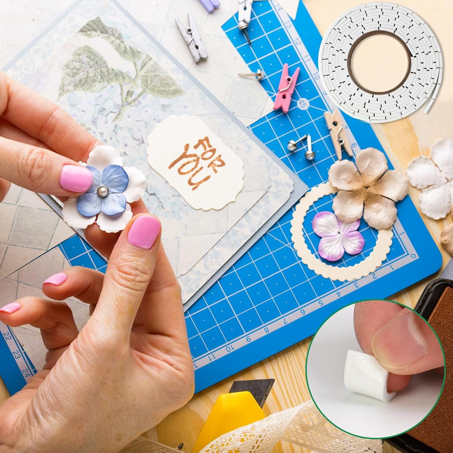 5 Roll Double Sided Foam Tape for Crafts 0.75 x 0.47 Inch Pre-Cut Foam Mounting Tape with 1 Acrylic Storage Box Square Foam Dots Double Sided Adhesive Fit Arts Sewing DIY (5 Roll White+Box)