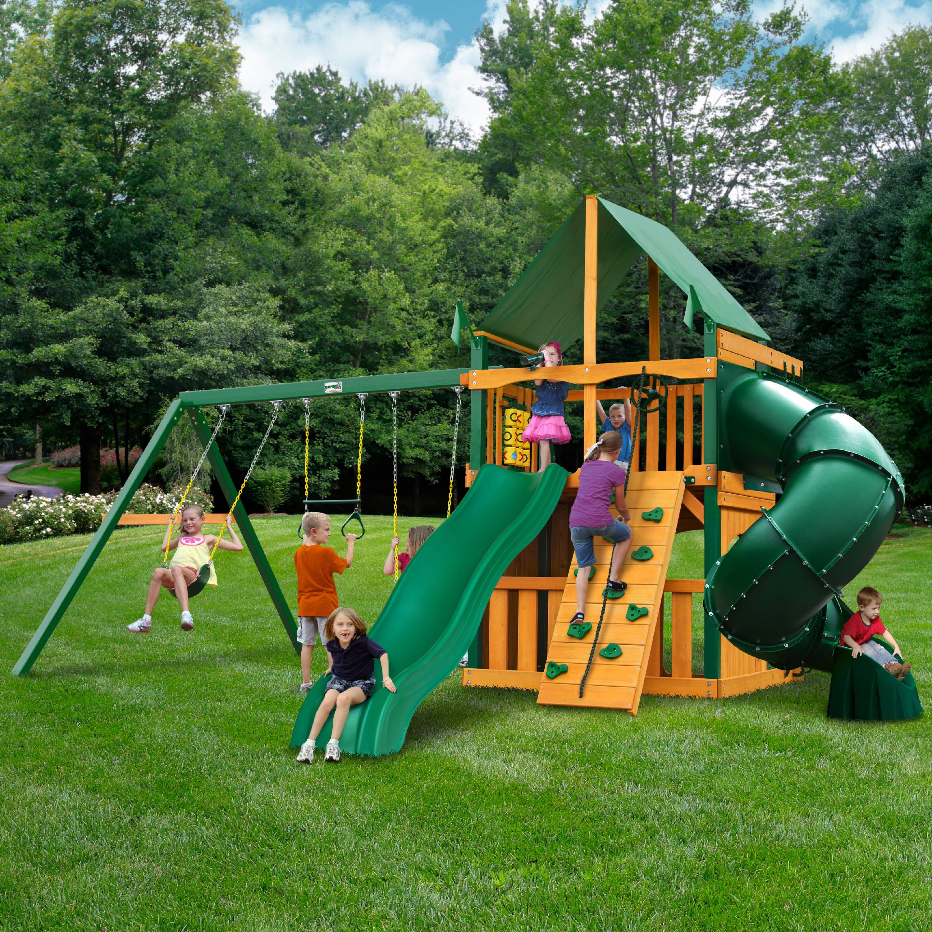 Gorilla Playsets Mountaineer Clubhouse Cedar Swing Set with Green Vinyl