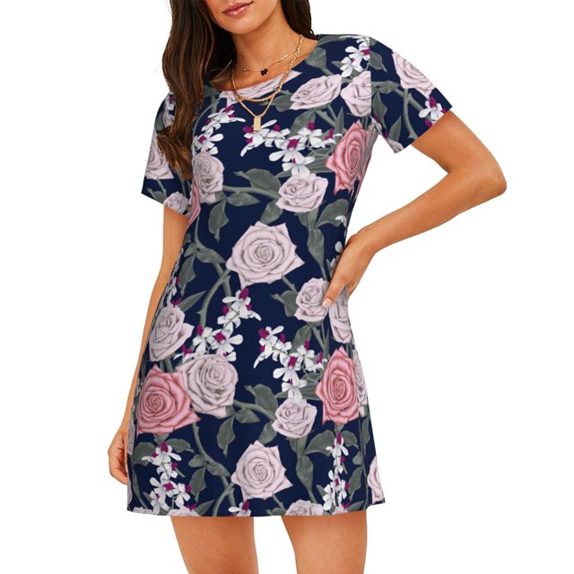 Fotbe Rose Flowers Bata de Dormir para Mujer con Estampado, Camisón de Algodón de Manga Corta, Ropa de Dormir Casual
