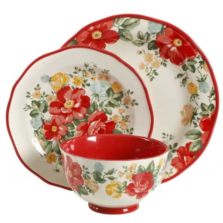 The Pioneer Woman Vintage Floral 12-Piece Dinnerware Set, Red