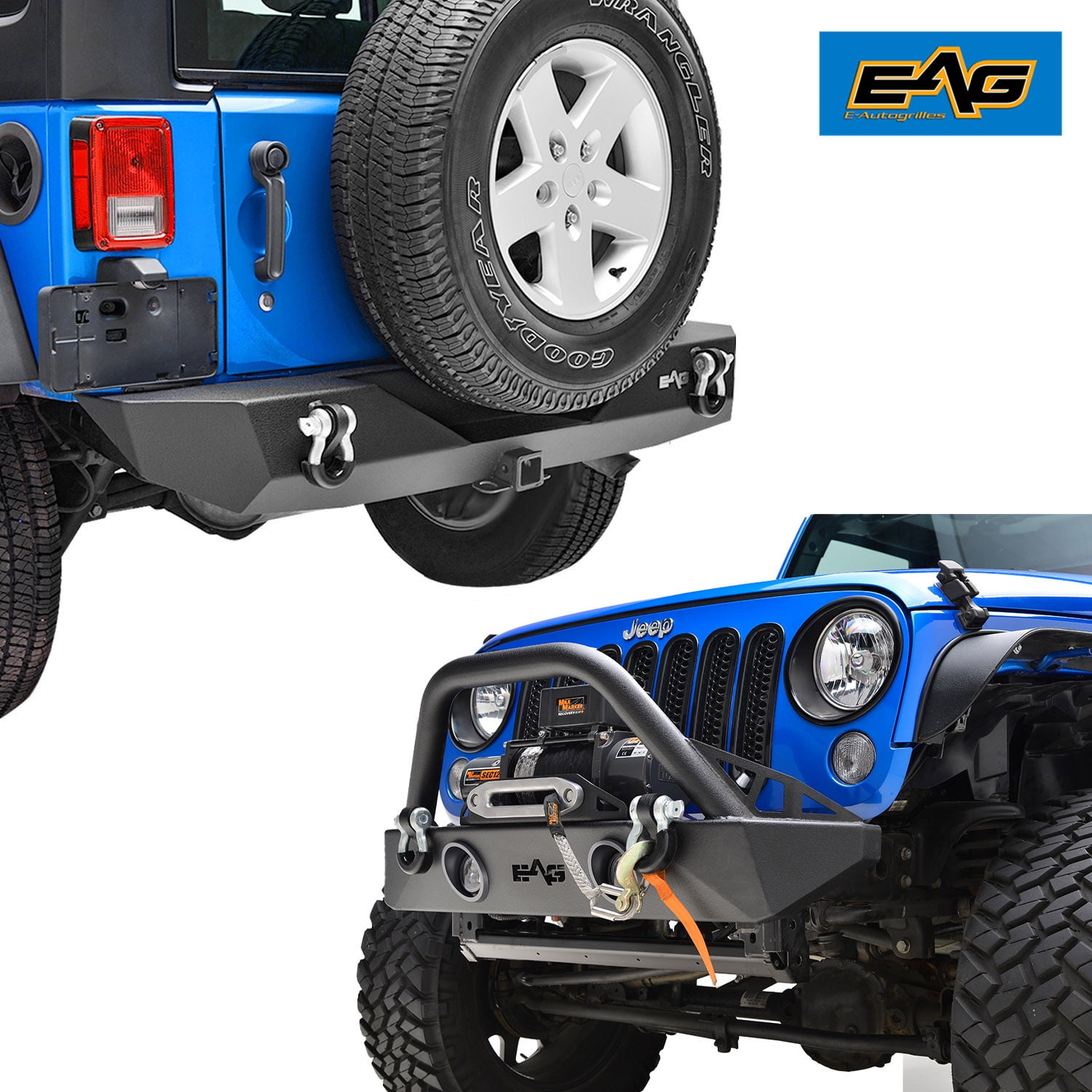 EAG Front Bumper with LED Lights and Rear Bumper with Hitch Receiver