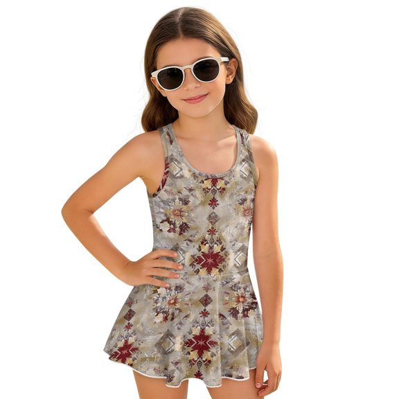 Tutolipy Geometric Print Girls One Piece Swimsuit with Skirt, Girls’ Swimwear One Piece Girls Beach Swimsuit Casual Childrens Swimwear for Vacation Size 8-9 Years