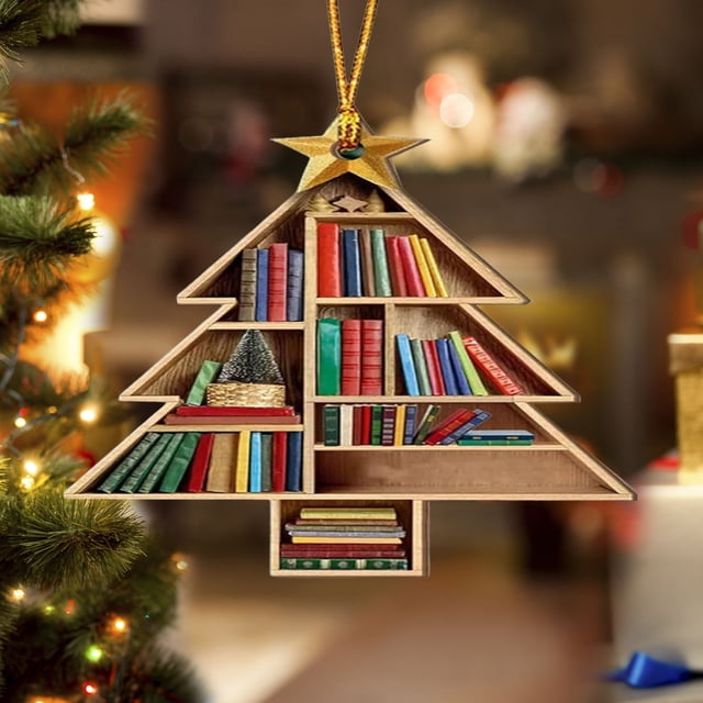 Adornos navideños, adornos navideños de acrílico plano 2D con forma de árbol, estantería colgante, decoración para árbol de Navidad, adornos colgantes novedosos, adornos apilados con libros, decoració
